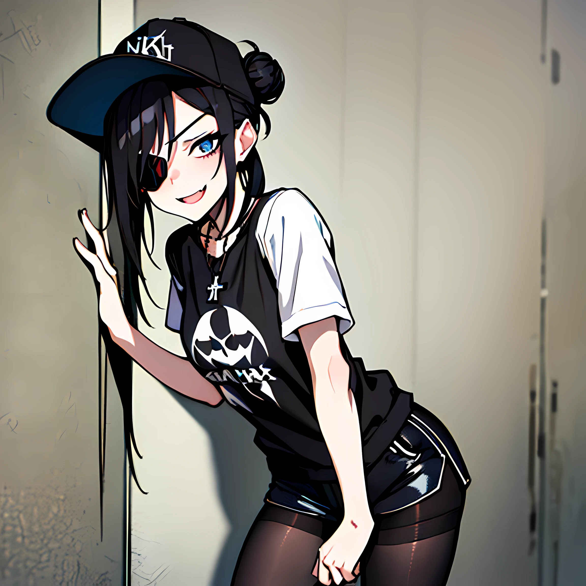 (absurdres, 8k, 4k, masterpiece, hyper extreme detailed:1.2), best quality, expressive eyes, highres, perfect eyes, 1girl, perfect face, perfect hands, Long Hair, Black hair, braided buns, buns in hair, large bust, crazy face, crazy eyes, crazy smile, eyepatch, gothic, cross necklace, black shirt, streetwear, pantyhose, baseball cap, curious, half body, street clothing, graphic t-shirt, standing, leaning against wall, gothic, pale skin, absurdquality, shocked, concerned, confused, head tilt, cowboy_shot, shorts, short shirt, fang tooth, black eyepatch, smile, black pantyhose, wall background, mature, adult