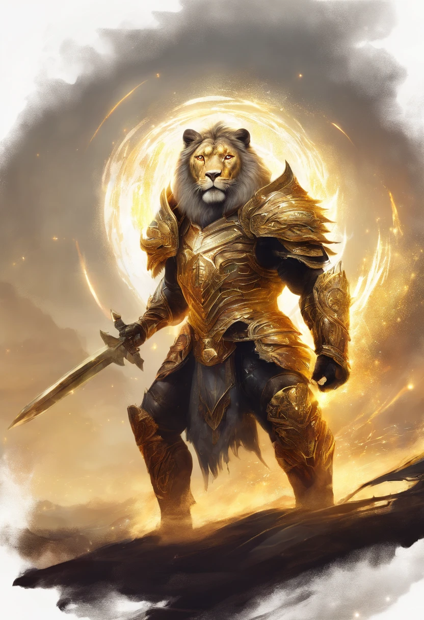 Luminous warrior spirit with golden armor and sword of light facing a lion