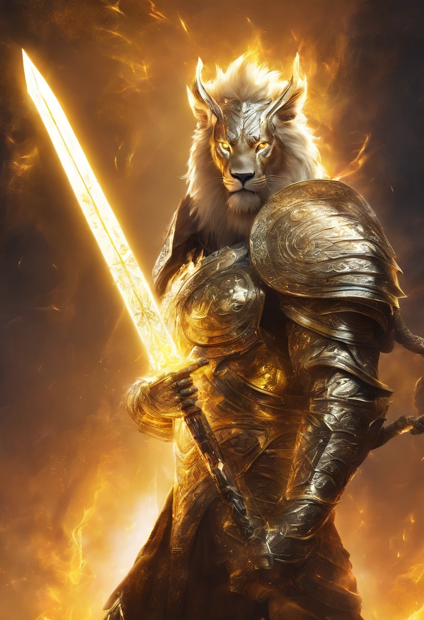 Luminous warrior spirit with golden armor and sword of light facing a lion