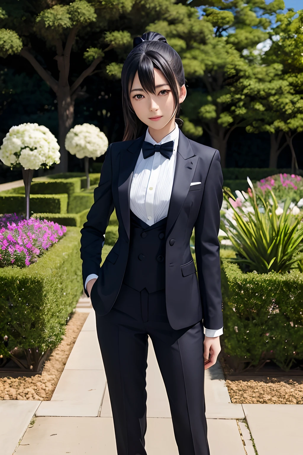 1girl, yukinoshita yukino, Beautiful garden for a background , tailored tailcoat, standing one hand in her pocket, white pants, collared shirt, tuxedo , blue necktie, blue eyes, ponytail black hair, smiling, wallpaper, female butler, best quality, beautiful figur body, badass butler