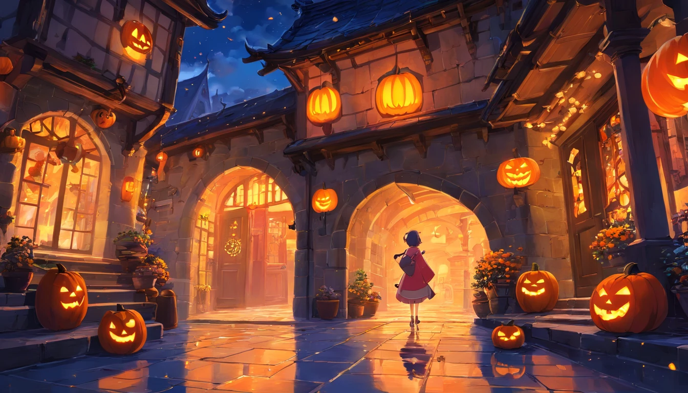 Halloween floating lights, cinematic light and reflections, Glowing lights, Intermediate metaverse elements,Digital painting, glowing reflections, Pondering, Halloween Jack Lantern, calm evening, Digital illustration, Beautiful atmosphere, Skylight at night, Peaceful evening atmosphere, Jack-o'-lantern, Halloween, the night, themoon, game scenes, Halloween, Surrounded by clouds, Architecture of medieval Europe, glazed tiles, European Union, Gorgeous colors, There are three arches in the foreground((Color ink)), ( (Splash ink ) ), ((Splash ink) Inky})), tmasterpiece, high qulity, Beautiful graphics, high detal,Magnificent