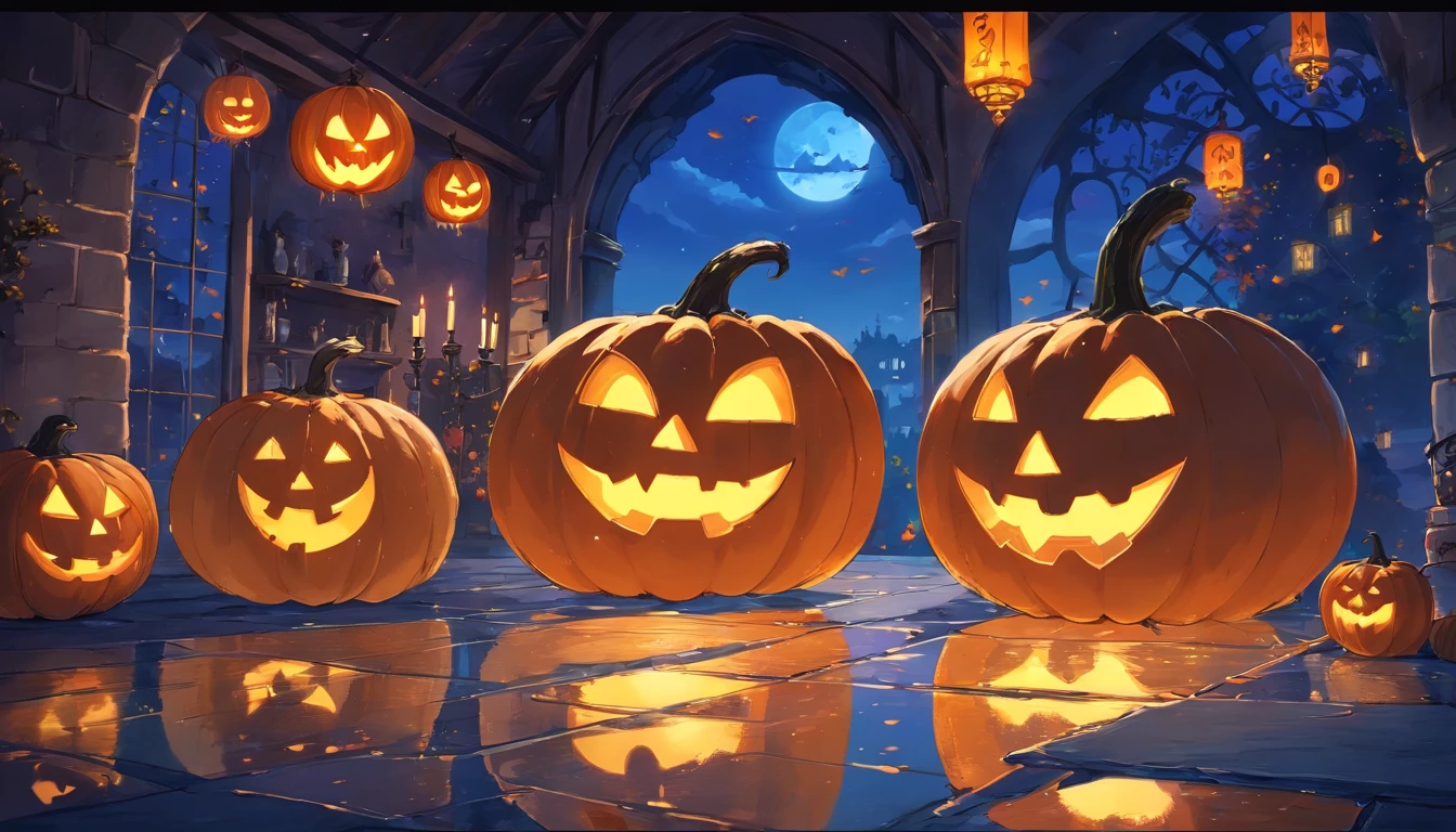 Halloween Floating Lights, Cinematic light and reflection, glowing lights, Intermediate metaverse elements,Digital Painting, Glowing reflections, pondering, Halloween Jack-o'-lantern, calm night, Digital Illustration, Beautiful atmosphere, Skylight at night, Calm evening atmosphere, Jack-o'-lantern, Halloween, the night, themoon, The game scene, Halloween, Surrounded by clouds, Buildings in medieval Europe, glazed tiles, ue, gorgeous colors, There are three arches in the foreground((color ink)), ( (Splash ink ) ), ((Splash ink) inky})), tmasterpiece, high quarity, Beautiful graphics, high detal,Magnificent