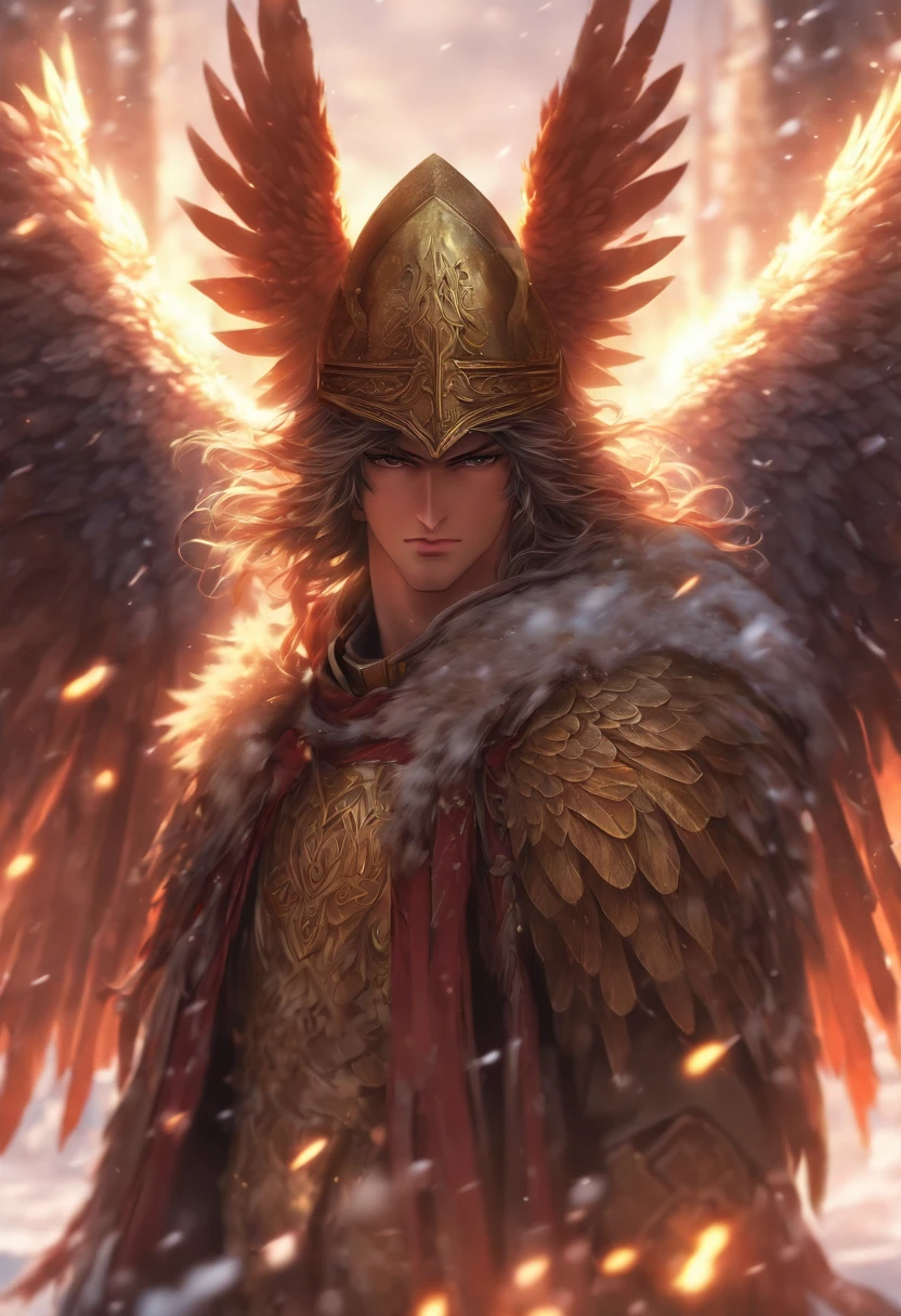 (((Man with wings helmet))) best quality, very high resolution, 4K detailed CG, masterpiece, Slavic mythology,PERUN, lightning in the background, Slovenia, standing pose, helmet,((wings on helmet) ), Slavic clothes, snow, Middle Ages, aesthetics, beautiful picture, centered on the screen