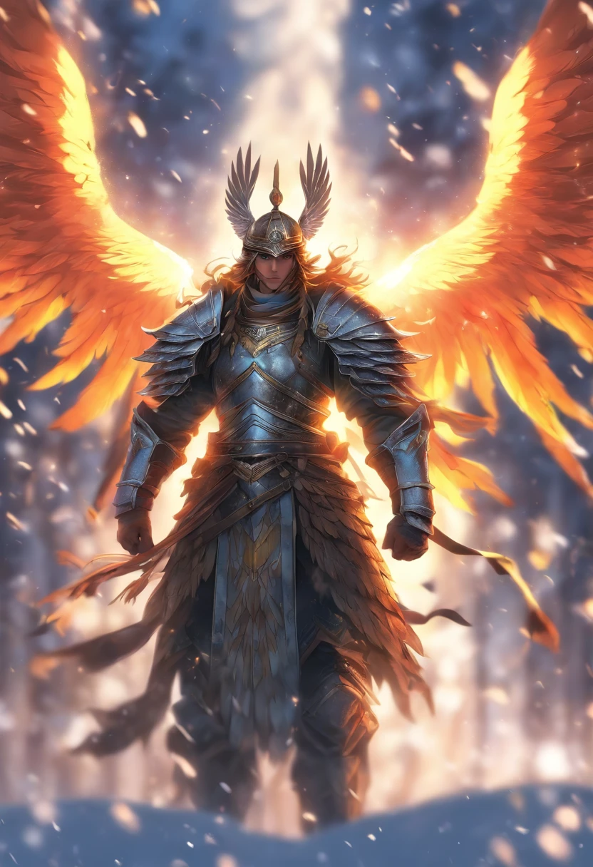 (((Man with wings helmet))) best quality, very high resolution, 4K detailed CG, masterpiece, Slavic mythology,PERUN, lightning in the background, Slovenia, standing pose, helmet,((wings on helmet) ), Slavic clothes, snow, Middle Ages, aesthetics, beautiful picture, centered on the screen