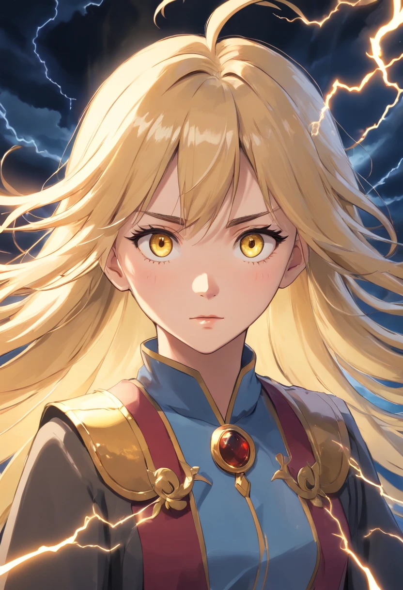 (best quality,4k,8k,highres,masterpiece:1.2),ultra-detailed,(realistic,photorealistic,photo-realistic:1.37),portrait:1.1, illustration, 1 mage:(eyes:1.1,nose:1.1,lips:1.1,beautiful detailed eyes,beautiful detailed lips,extremely detailed eyes and face,long eyelashes),young woman female magician, brutal face, long blonde hair with golden eyes,light ,unstable anomaly ,golden and black colors,dark lightning,depth of field
