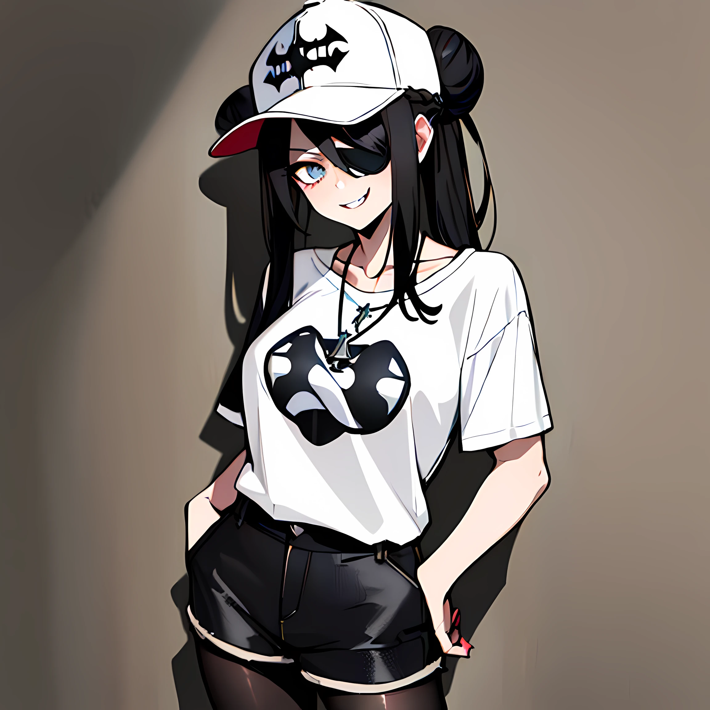 (absurdres, 8k, 4k, masterpiece, hyper extreme detailed:1.2), best quality, expressive eyes, highres, perfect eyes, 1girl, perfect face, perfect hands, Long Hair, Black hair, braided buns, buns in hair, large bust, crazy face, crazy eyes, crazy smile, eyepatch, gothic, cross necklace, black shirt, streetwear, pantyhose, baseball cap, curious, half body, street clothing, graphic t-shirt, standing, leaning against wall, gothic, pale skin, absurdquality, shocked, concerned, confused, head tilt, cowboy_shot, shorts, short shirt, fang tooth, black eyepatch, smile, black pantyhose, wall background, mature, adult