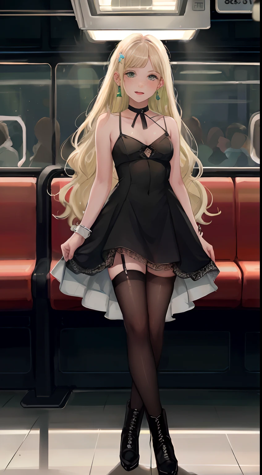 (()), beautiful girl, model body, freckles on her face, light green eyes, small breasts, large earrings, mini dress with thin straps, black tights, high heel boots, full body, headshot short, very white skin, very long hair, wavy hair, blonde hair, busy subway car, photorealistic, indirect lighting, volumetric light, ray tracing, hyper-detailed, best quality, ultra-high resolution, HDR, 8k