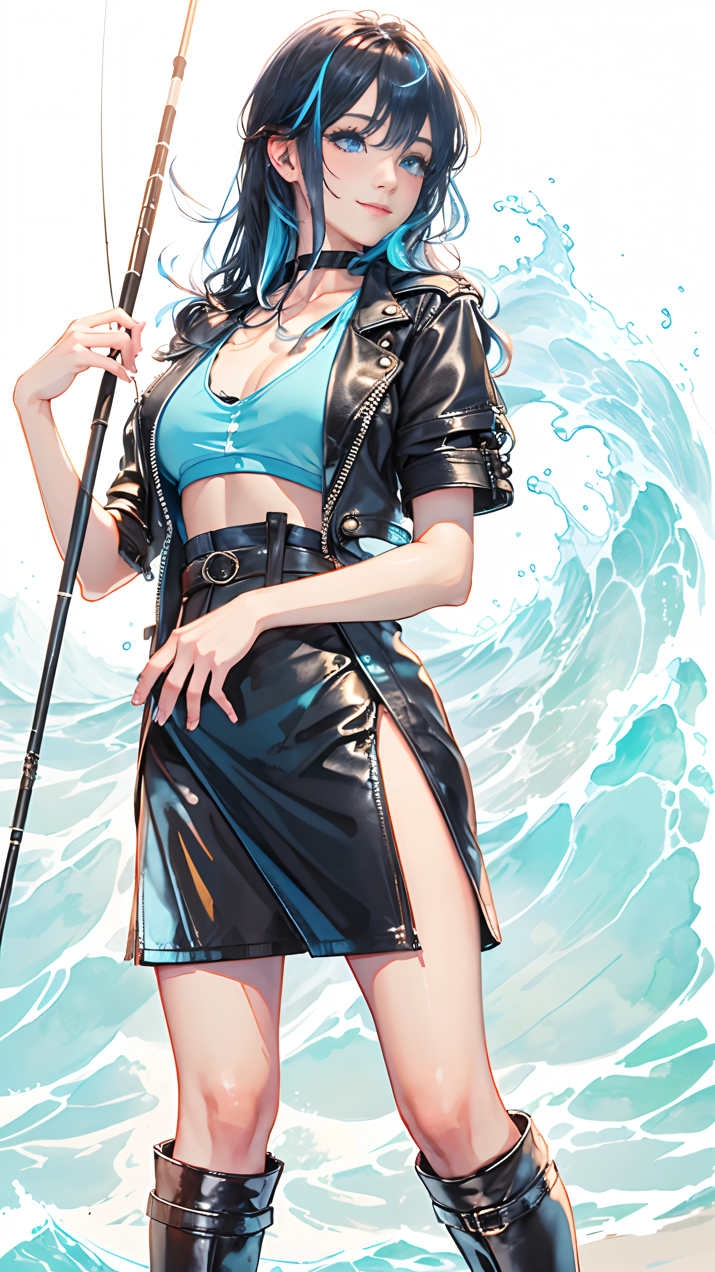 8K,​masterpiece,top-quality, 1 girl at 25 years old, Smile,Blue eyes, Long hair, long hair of black color,blue streaked hair,(Blue tank top with chest of drawers open:1.3),(Short jacket in black leather、shortsleeves:1.3),(Leather skirt with slit:1.3),Black boots,With a straight fishing rod, watercolor paiting \(Medium\),sea side,(Rough waves:1.3)