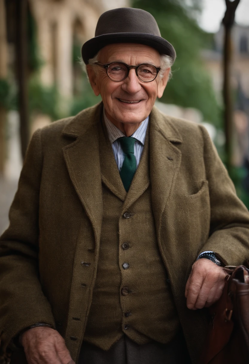 An elderly retired French man called Claude with a very kind face who wears a tweed coat. His face has a soft appearance and he has crowfeet around his eyes. His age is somewhere between 60 and 70 and his once blonde hair is now mostly white. His eyes are clear light greyish green. He also wears a red scarf around his neck. His expression is kind and he is smiling. He also wears spectacles.