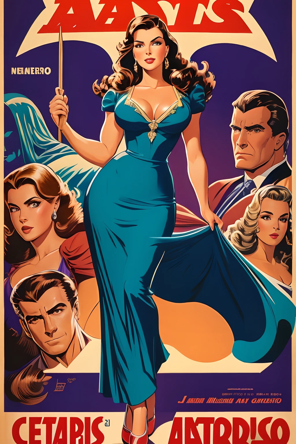 Arte inspirada John Buscema, poster vintage de uma mulher americana dos anos 40,cabelos longos castanhos, olhos azuis, corpo delgado, middlebreasts, wearing a traditional dress of the time, professora do primeiro anol, linda, recatada e inteligente, standing on her feet, corpo inteiro em um playground