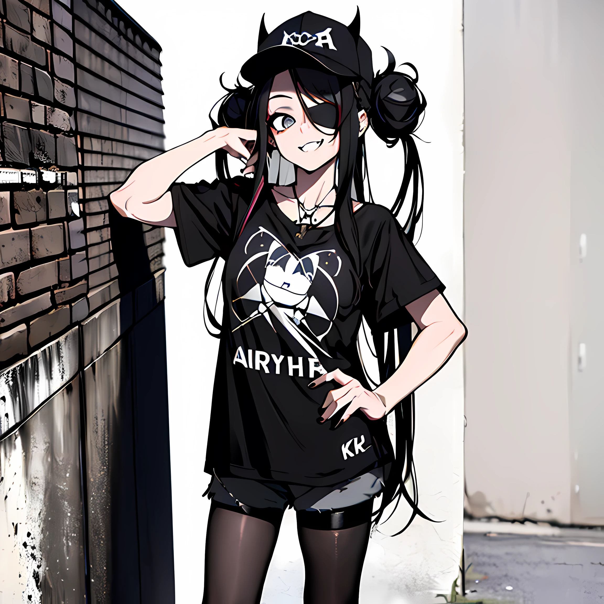 (absurdres, 8k, 4k, masterpiece, hyper extreme detailed:1.2), best quality, expressive eyes, highres, perfect eyes, 1girl, perfect face, perfect hands, Long Hair, Black hair, braided buns, buns in hair, large bust, crazy face, crazy eyes, crazy smile, eyepatch, gothic, cross necklace, black shirt, streetwear, pantyhose, baseball cap, curious, half body, street clothing, graphic t-shirt, standing, leaning against wall, gothic, pale skin, absurdquality, shocked, concerned, confused, head tilt, cowboy_shot, shorts, short shirt, fang tooth, black eyepatch, smile, black pantyhose, wall background, mature, adult