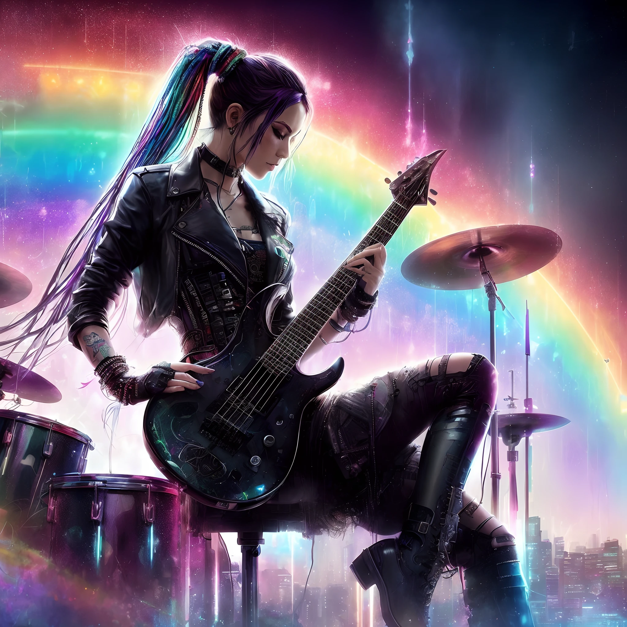Close-up of a man holding a guitar and drums, glitchpunk girl, dreamy cyberpunk girl, dreamy rock girl, guitarists, rocking out, high quality cyberpunk art, Cyberpunk girl, Cyberpunk dark synth, cyberpunk vibrant colors, Cyberpunk art style, Lindsay Adler, cyberpunk theme art, Cyberpunk art of a, dreamy colorful cyberpunk colors, Cyberpunk vibe, cyberpunk beautiful girl