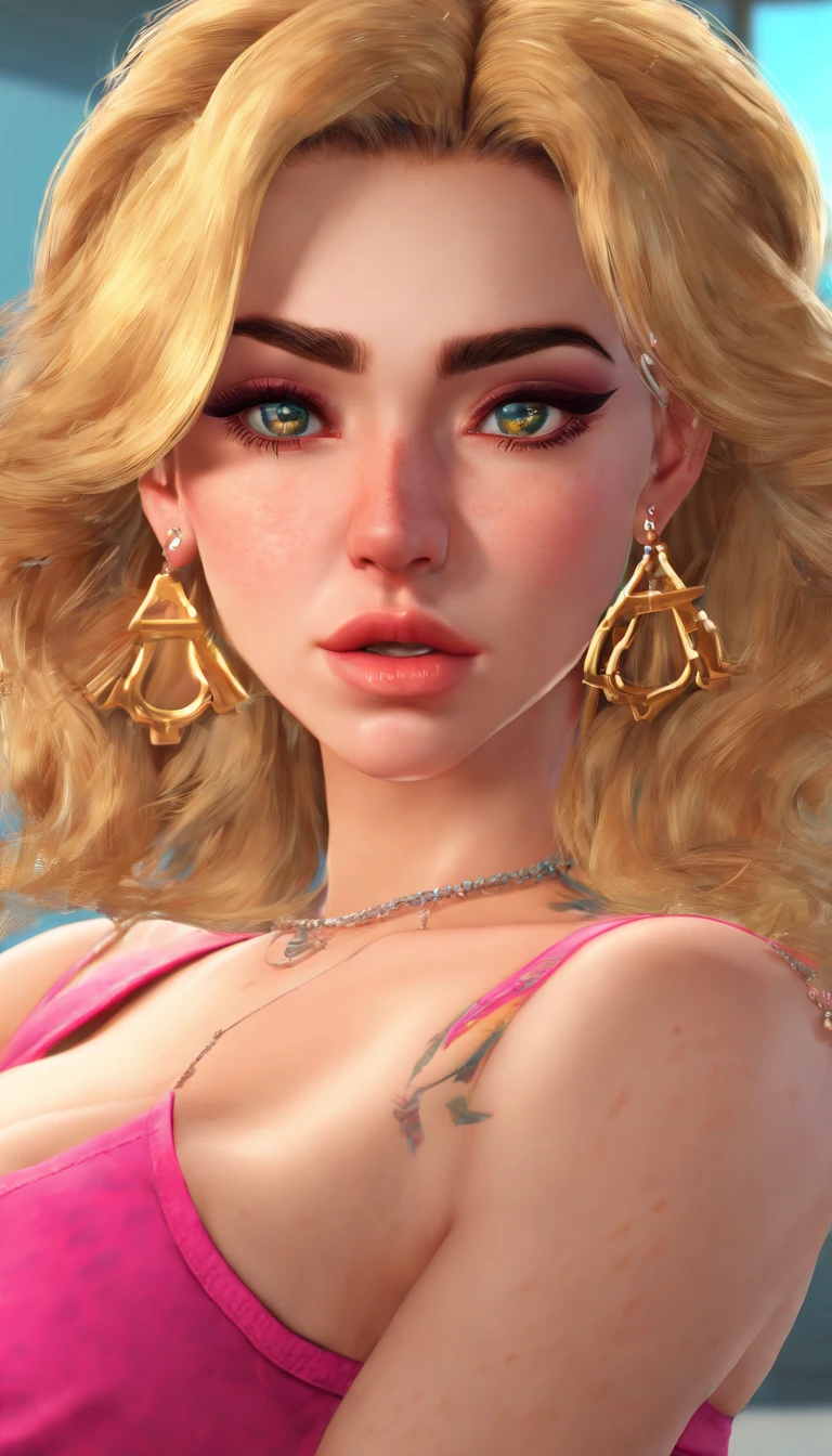 A natural ligh-skin blasian female, with long wavy golden hair, braces, mink lashes, tattoos, diamond chain, flawless eyebrows, a twisted mermaid that has on pink n red outfits