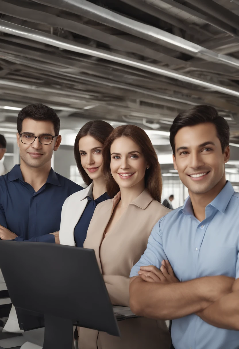 ((Masterpiece)),((Best Quality)),((High Detail)),((realisitic,)) ((The ultra-detailliert)) Employees of IT companies, 5 men, 3 girls, will, happiness, Enthusiastic look, collaboration, Financial Services, posters
