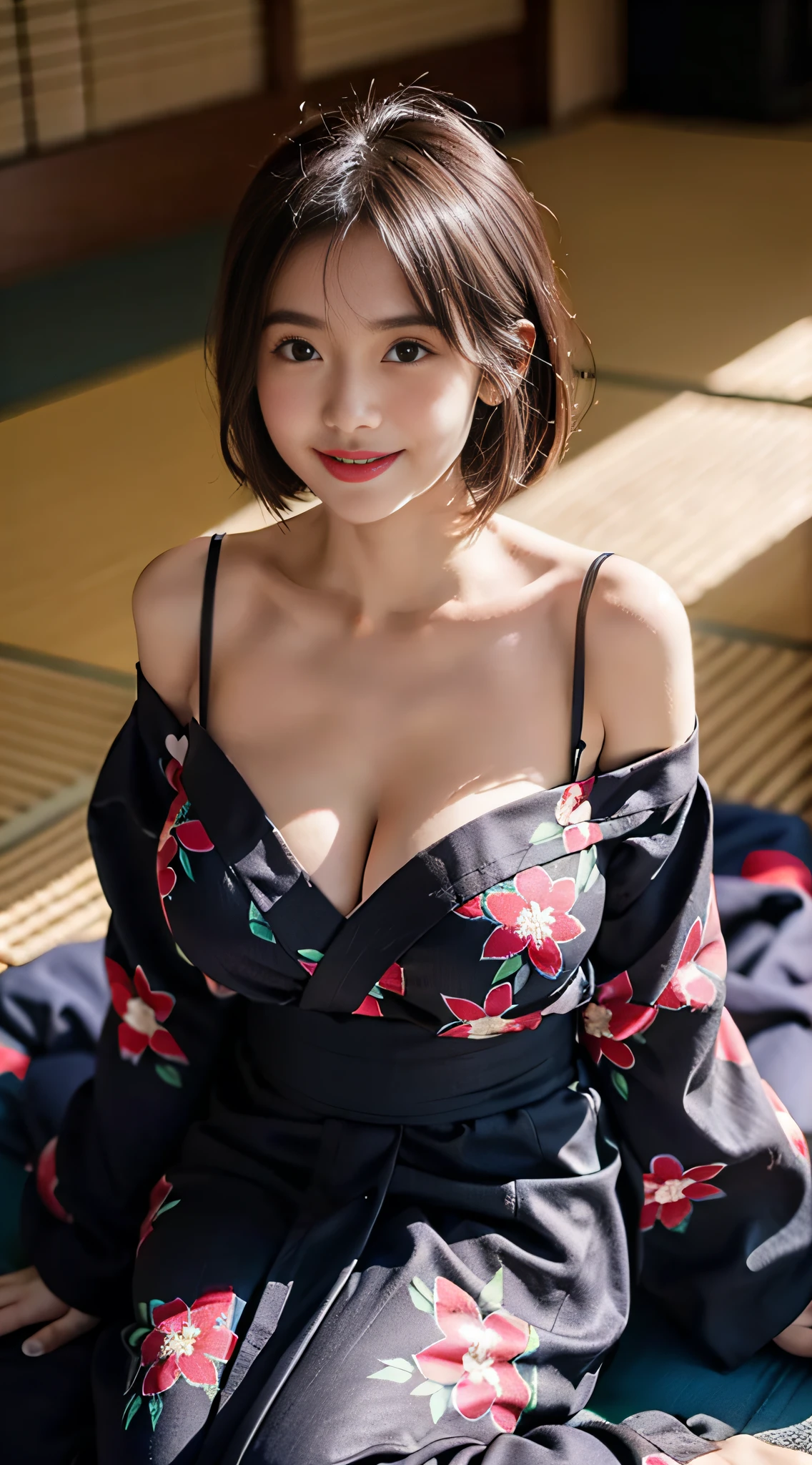 (dasha taran),(Lie down in a yukata)Huge breasts,huge breasts2.0,longbreast,Smile,Shorthair、shorth hair、Black yukata、Erotic look、Yukata with high-quality floral pattern、Exposed shoulders、Ha is just