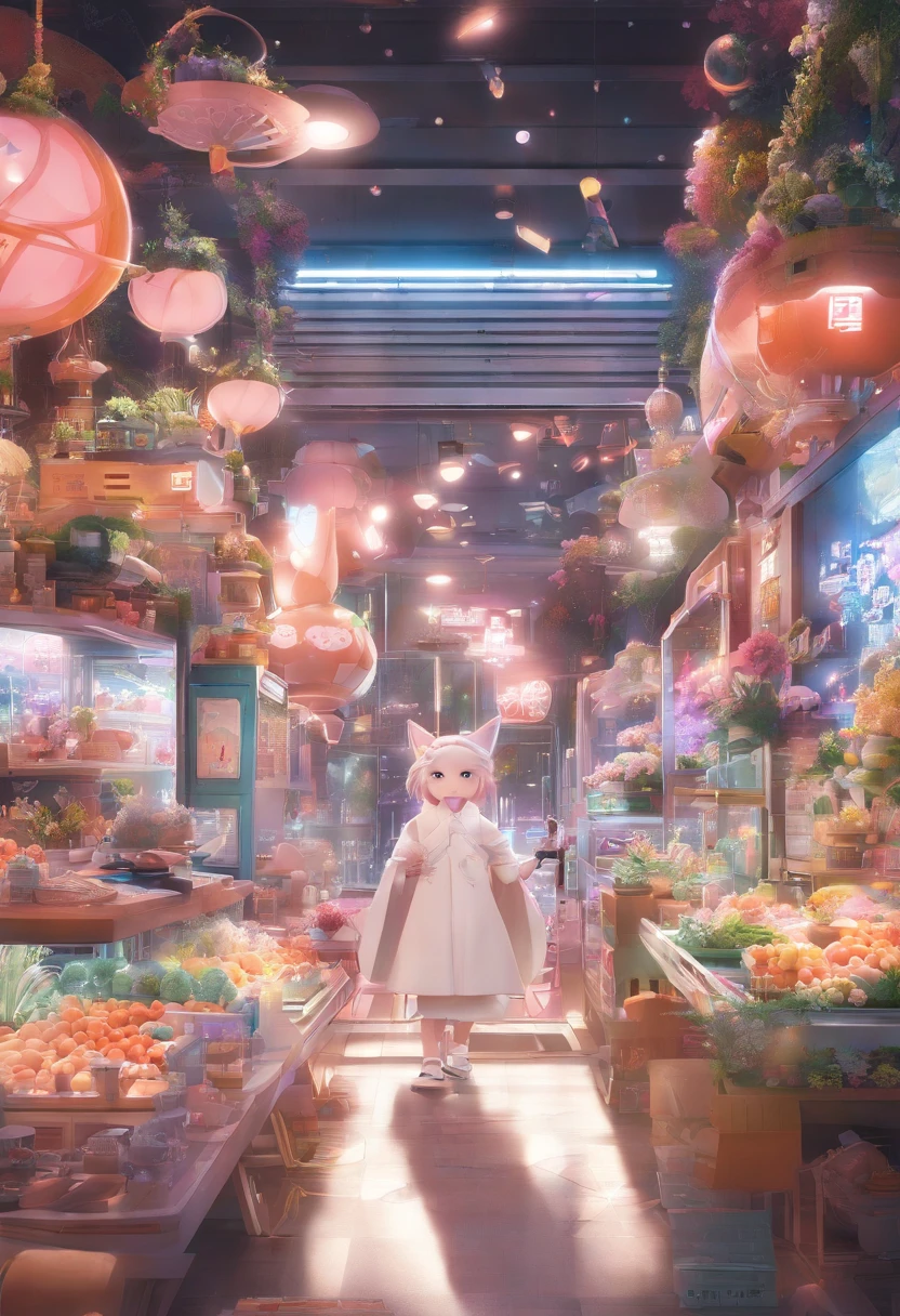 Florist clerk、Pop Mart Blind Box IP、Close up of cute white robe doll、Young One Angel Style、Wear longer, Dress fluently、Lop style、Poseline doll、Little people々々々々々々々々々々々々々々々々々々々々々々々々々々々々。unreal enginee 5、Light 3D/C4D production: 8K HD quality/illuminating/Ultra-fine lens description 1.5、flawless、Chibi Background/Cinematic。Tuna bowl、macadamia、(((7Foxes get along well)))