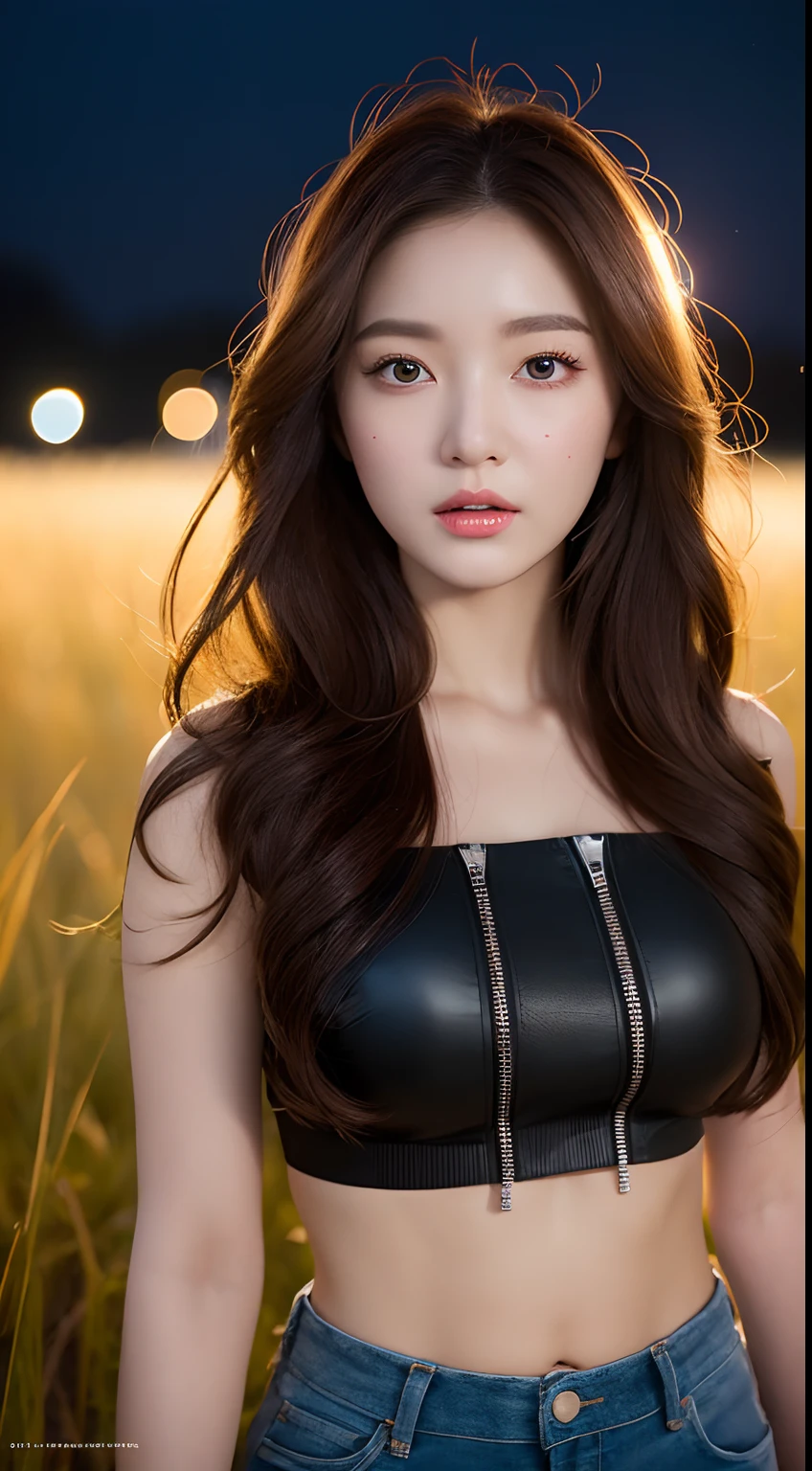 Realistic photos of (1 cute Korean star) brown hair over one eye, thin makeup, 32 inch breasts size, wearing zipper crop top, walking in a field, night, close-up portrait, UHD