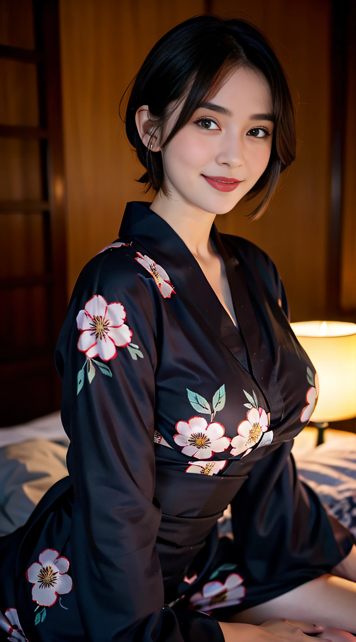 (dasha taran),(Lie down in a yukata)Huge breasts,huge breasts2.0,longbreast,Smile,Shorthair、shorth hair、smil、Black yukata、Erotic look、Yukata with high-quality floral pattern