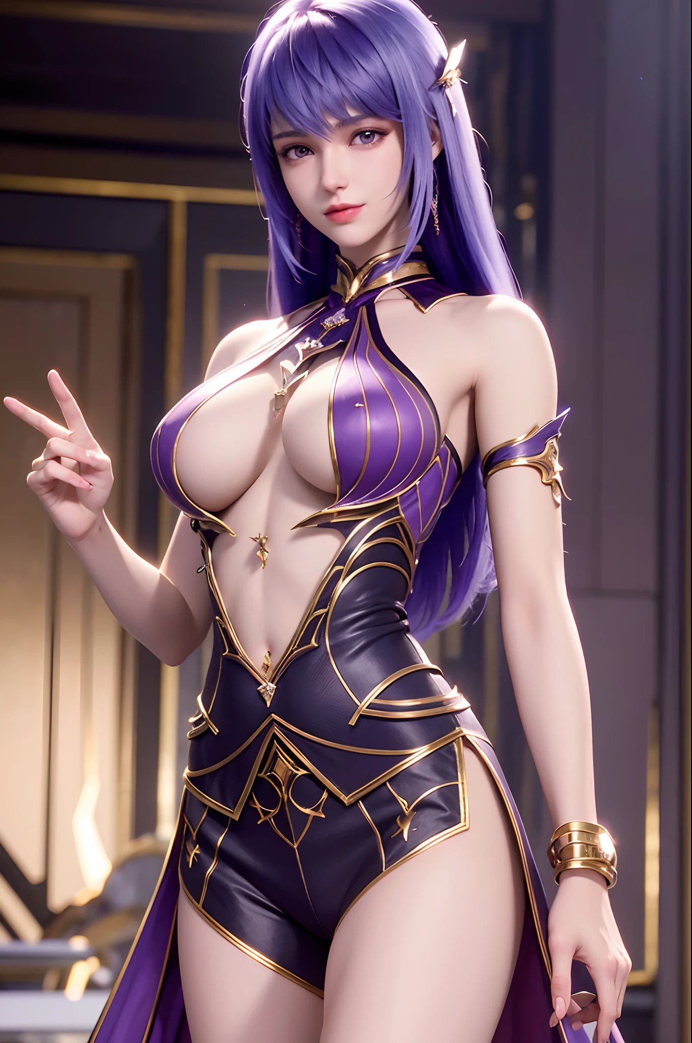 Masterpiece, absurdres, fine detail, HDR, highly detailed face and eyes, photorealistic, (8k, best quality, masterpiece:1.2), ultra-detailed, extremely detailed cg 8k wallpaper,bright lighting,fashion,
(crystalstexture skin:1.2), (extremely delicate and beautiful),
(masterpiece, best quality:1.2),1girl, solo, narrow waist, very long hair, (large breasts:1.5), purple hair,caier,(looking at viewer:1.2), ((Full body)),8th class, Smiling face, Hair loss swaying in the wind, Hip Hop Singer Pose, Dressed in hip-hop style, Wear a white T-shirt,swarovski,pasties,With a pink bow on the arm, Fashion, Extremely high quality, high details, 8K, clean back ground, in studio, ((Full body shot)),Align your fingers neatly,Accurate Hand Modeling,wave her hand,