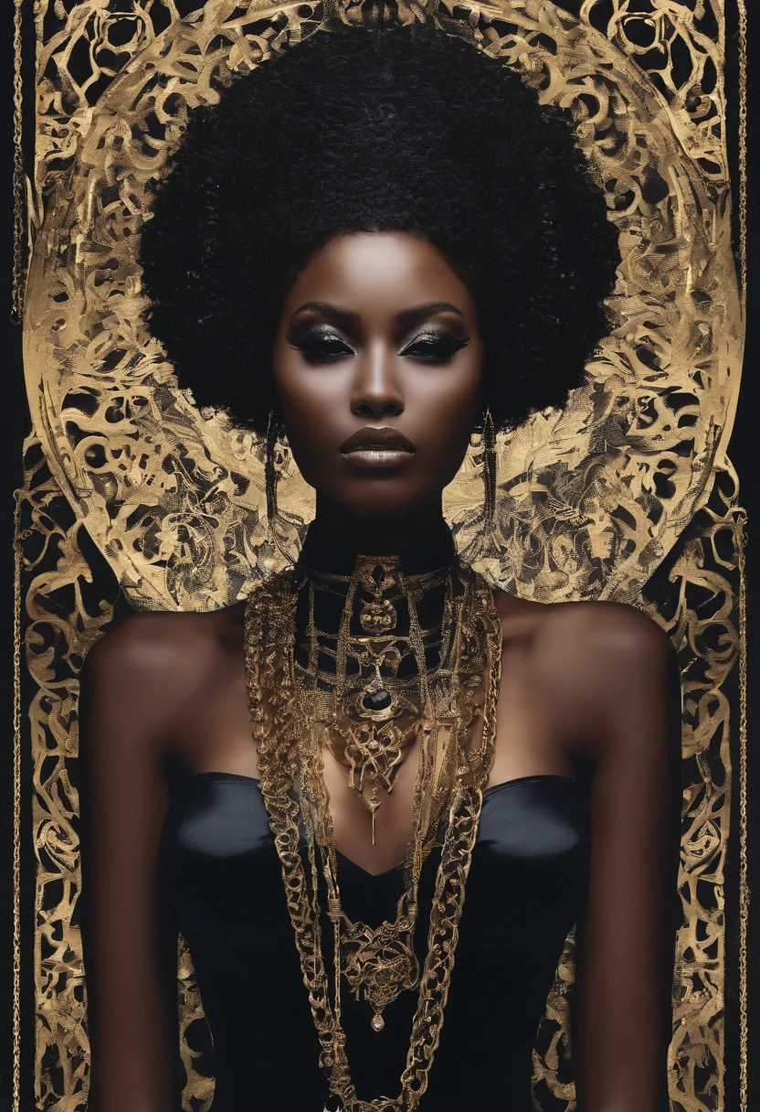 Ghotic woman afro cut with big bare breasts and piercing on the  of gold chains castle