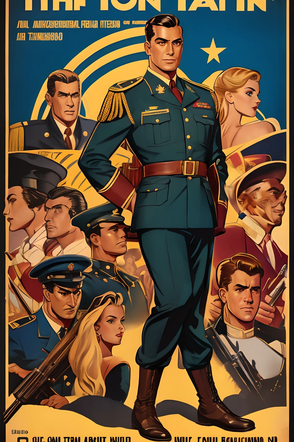 Arte inspirada John Buscema, Vintage poster of an American man from the 40's,cabelos curtos castanhos, olhos negros, corpo delgado, ombros largos, wearing a traditional military uniform of the time, Captain of the First Battalion, goodlooking, audacioso e inteligente, standing on her feet, corpo inteiro na fronte de guerra