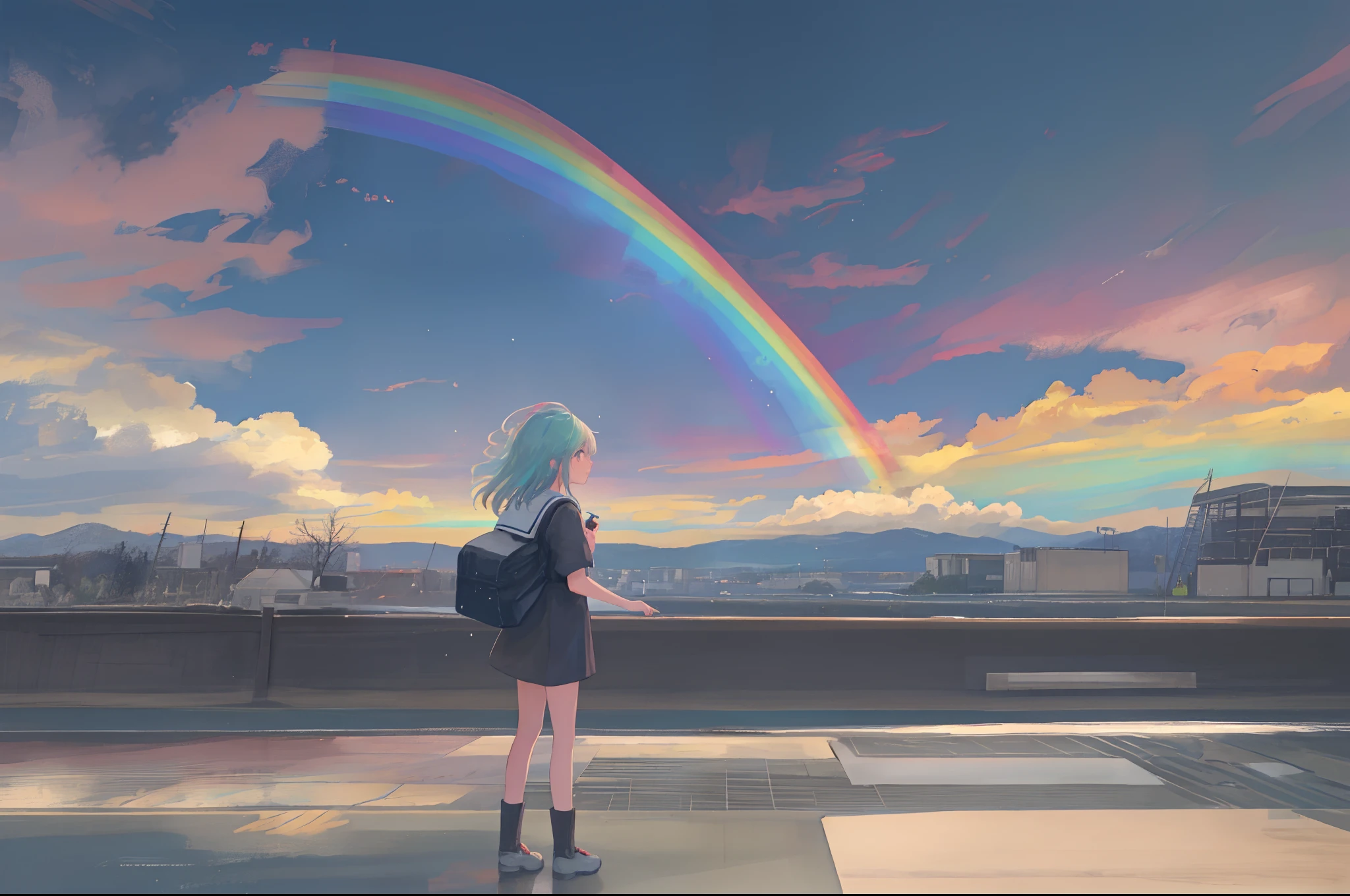 after rainny，A huge rainbow in the sky，a beauty girl、Wallpapers、4K Ultra HD, 超高分辨率, (Photorealistic: 1.4), Best quality，tmasterpiece，（pastel colour：1.2）