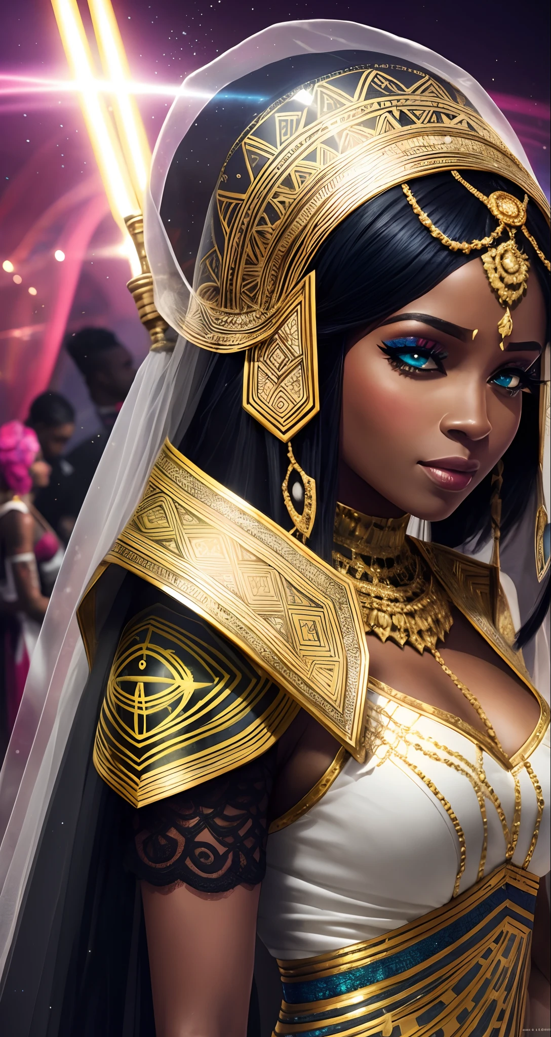 Upper body shot, beautiful black woman with flawless dark cinnamon skin, long hair with a gradient bioluminescent blue effect, clearly defined facial features,flawless skin, big detailed eyes, hourglass figure, voluptuous, round hips, in an elegant off the shoulder sweater and skinny jeans, haughty, glowing flowers in a darkness, shadowed,behance masterpiece, best high quality image,96k, uhd, HD, HDR, depth of field, 1080P wallpaper, high quality, light and shadow, detailed decoration, insanely detailed, UHD picture quality in the style of Amy Sol