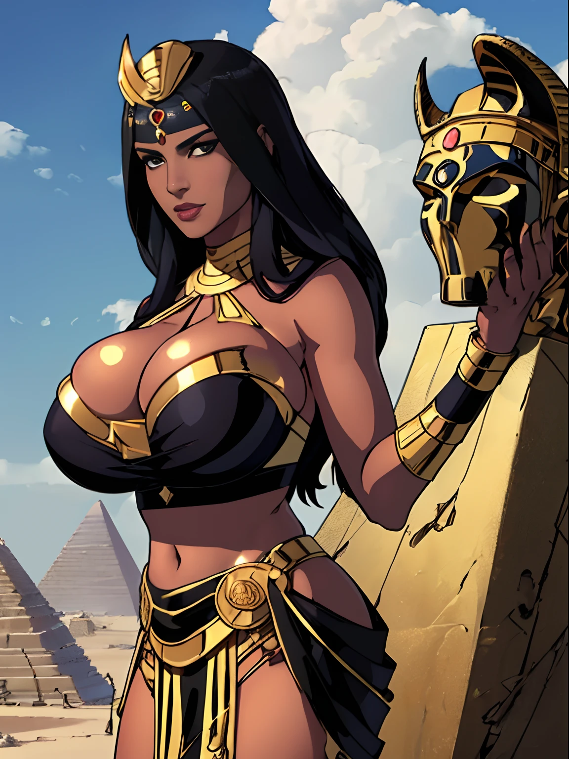 (masterpiece, top quality, best quality, official art, beautiful and aesthetic:1.2), (1girl:1.3), (((((statue of a goddess with a cobra head, black skin, obsidian skin))))), extremely detailed, portrait, looking at viewer, solo, (full body:0.6), detailed background, close up, mischievous eyes, (hot summer Egypt theme:1.1), Egyptian goddess, gold Egyptian mask, gold facemask, (very long neck), pharaoh crown, mummy mask, Persian nose, bold nose, long nose, arched nose, downturned nose, large nose, black stone skin, onyx, charlatan, smirk, mysterious, walking in desert, revealing white and gold Egyptian silks, ((cobra head)), white short skirts, ((draped halter top), criss cross halter top, criss-cross halter top, criss cross straps, criss-cross straps), jewelry, white fabric, gold jewelry, precious stones, dual sickle swords, ((((gigantic breasts, cleavage, skindentation)))), slim waist, slim hips, long legs, ancient (Egyptian temple exterior:1.1) background, dark mysterious lighting, shadows, magical atmosphere, dutch angle,
