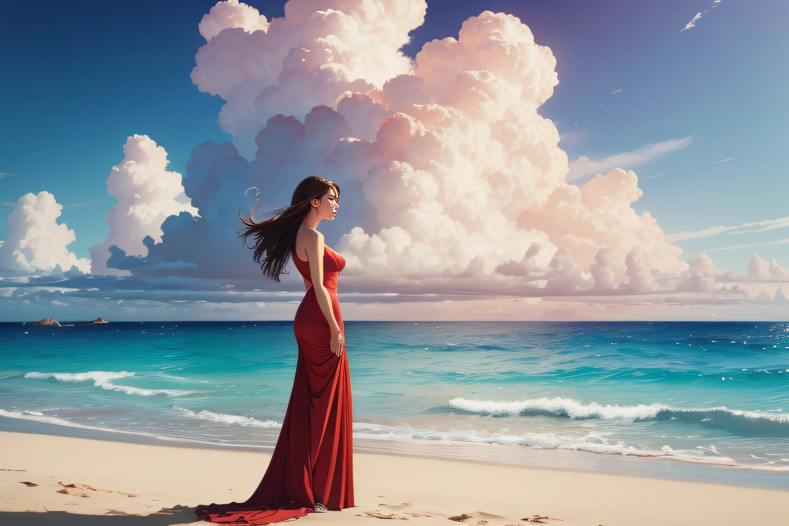 lushill style, Paint a picture of a lovely white woman standing on the beach of a beautiful Caribbean sea / her long red dress is blowing in the wind watching a cloud pass by in the distance by studio Ghibli, Beautiful face/ by artgerm, by wlop, by greg rutkowski, volumetric lighting, 4 k resolution, trending on artstation, masterpiece / beautiful face / by edward hopper