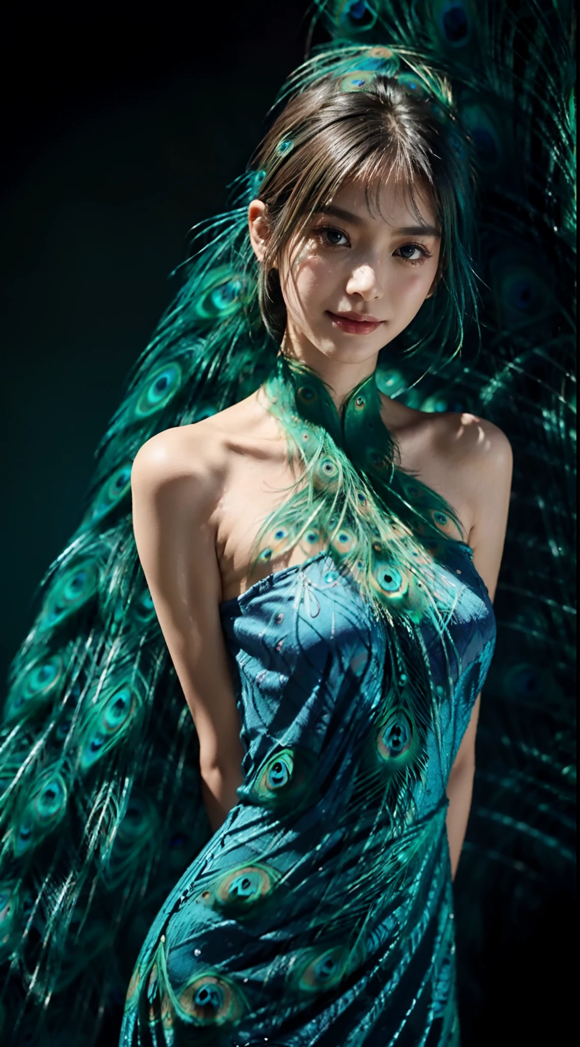 small head, (perfect bodies: 1.1), (short-length straight black short hair: 1.2), （极其细致的CG 8k壁纸），（Extremely refined and beautiful），（masterpiece），（best qualtiy：1.0），（超高分辨率：1.0），upper body，[A high resolution]，cheerfulness，Smile，Smooth and flawless fair skin，ultra - detailed,(Small breasts:1.1),Flat chest,Slim,thin,(A princess evening dress made of magnificent peacock feathers:1.4),jewels,Teal background，from front，(Close shot:1.3),cowboy shot,(upperbody:1.3),(top less:1.5),bare breasts,bare shoulder,shoulder off,bare back,no bra,navel,(portrait:1.3),(body painting with colorful peacock patterns:1.3),Huge skirt hem