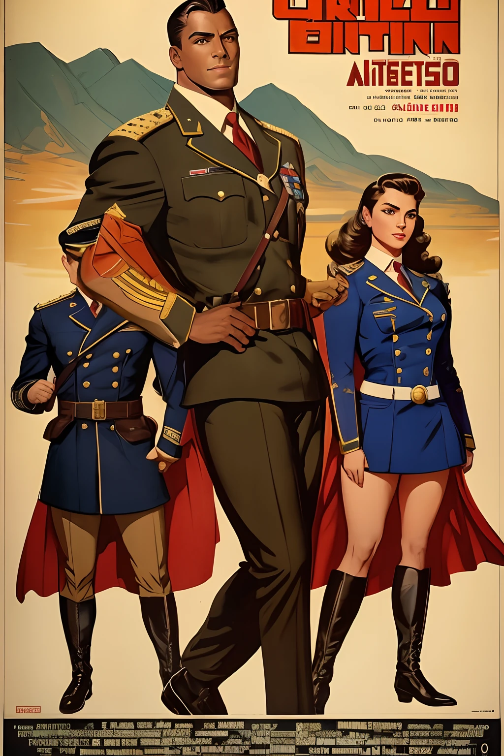 Arte inspirada John Buscema, Vintage poster of an American man from the 40's,cabelos curtos castanhos, olhos negros, corpo delgado, ombros largos, wearing a traditional military uniform of the time, Captain of the First Battalion, goodlooking, audacioso e inteligente, standing on her feet, corpo inteiro na fronte de guerra