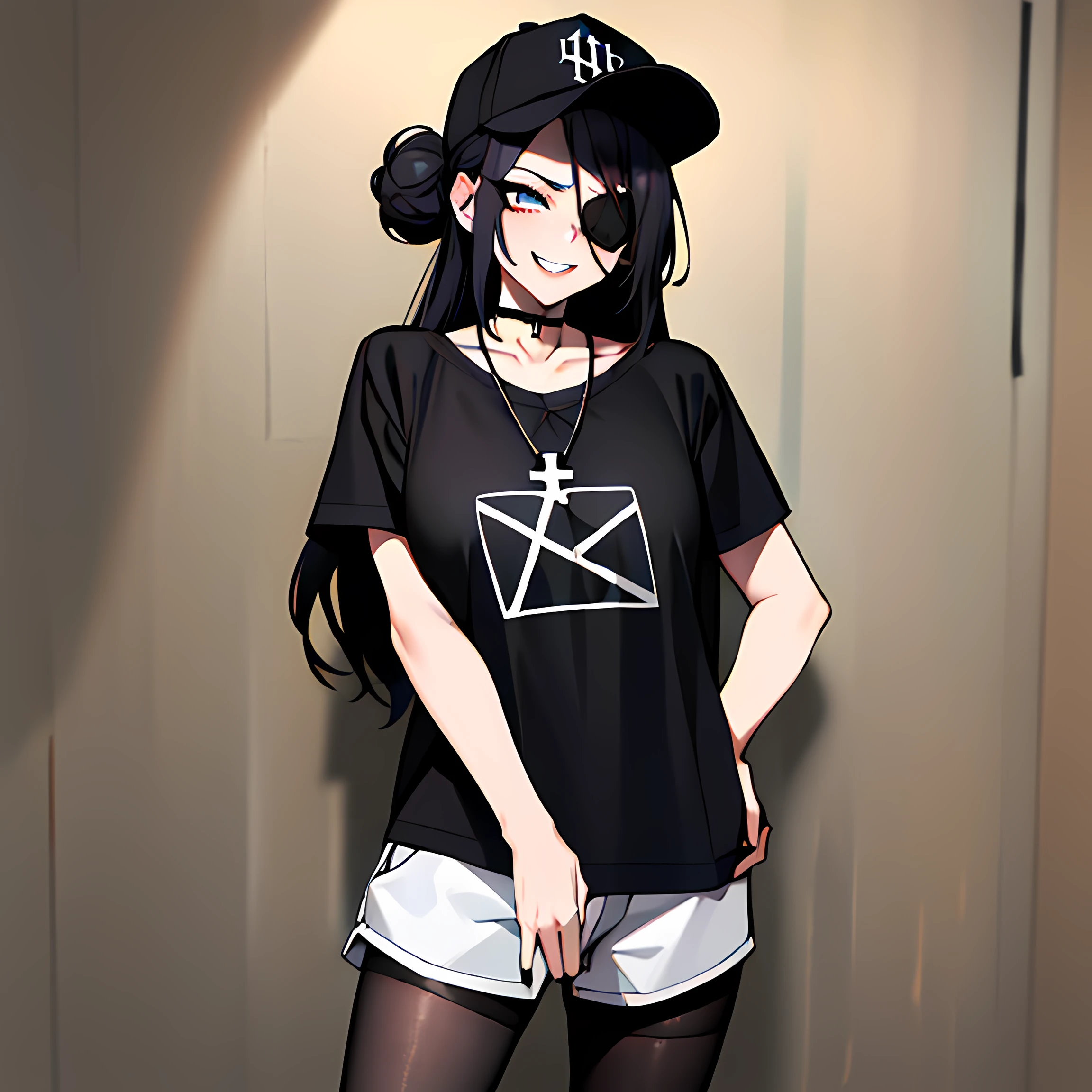 (absurdres, 8k, 4k, masterpiece, hyper extreme detailed:1.2), best quality, expressive eyes, highres, perfect eyes, 1girl, perfect face, perfect hands, Long Hair, Black hair, braided buns, buns in hair, large bust, crazy face, crazy eyes, crazy smile, eyepatch, gothic, cross necklace, black shirt, streetwear, pantyhose, baseball cap, curious, half body, street clothing, graphic t-shirt, standing, leaning against wall, gothic, pale skin, absurdquality, shocked, concerned, confused, head tilt, cowboy_shot, shorts, short shirt, fang tooth, black eyepatch, smile, black pantyhose, wall background, mature, adult