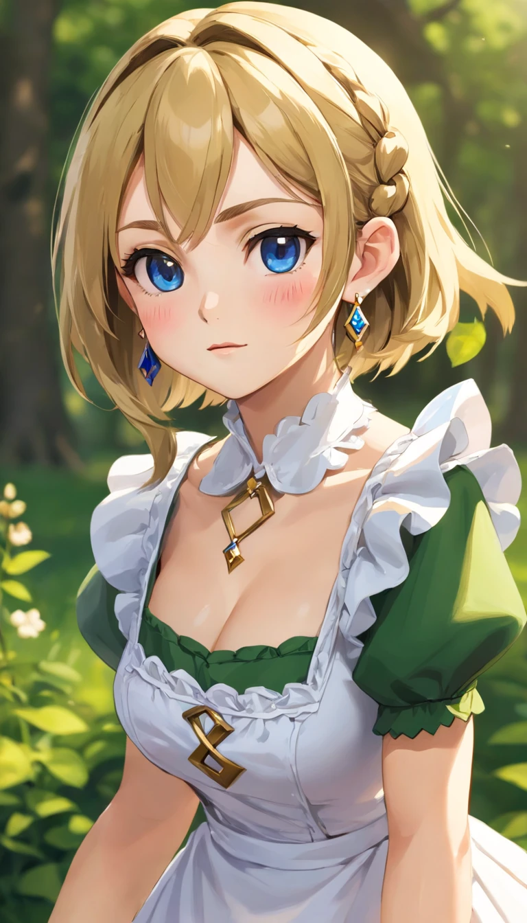 (best quality,4k,8k,highres,masterpiece:1.2),ultra-detailed,(realistic,photorealistic,photo-realistic:1.37),beautiful expressive eyes,long eyelashes,beautiful detailed lips,detailed hair and face,(She looks as if she is about to cry.),clean and flawless skin,(Very large breasts, big tits, oversized tits),Short hair,(Earrings, maid uniform),