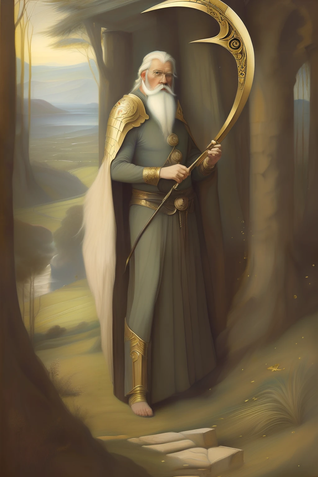 (((Pre-Raphaelite painting of a golden scythe in the hand of an old druid with a white beard, paisagem celta, filtre vinheta)))