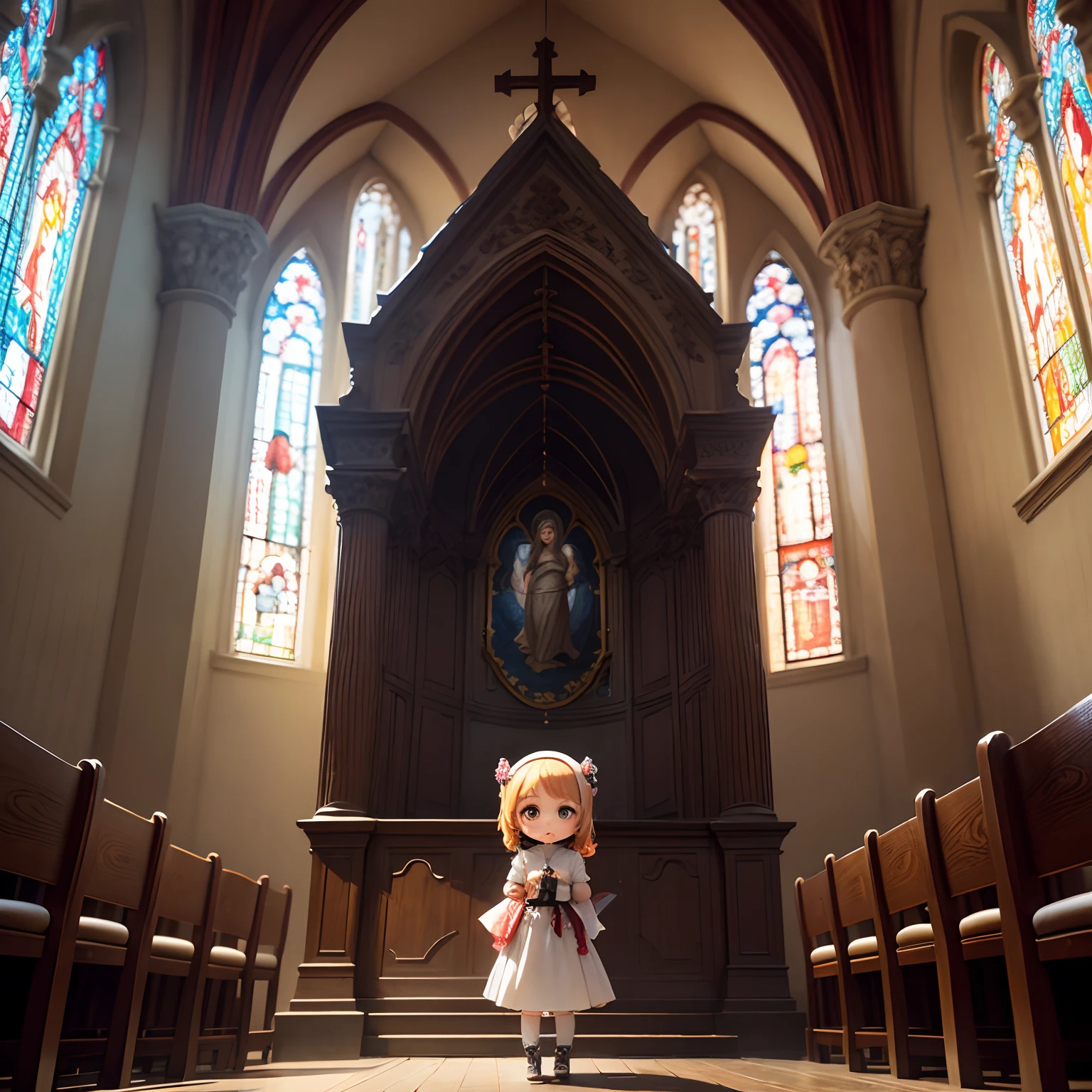 masterpiece、top-quality、ultra-detailliert、(Chibi Maria:1.2)、独奏、Cultivated woman、inside a church、stain glass、doa