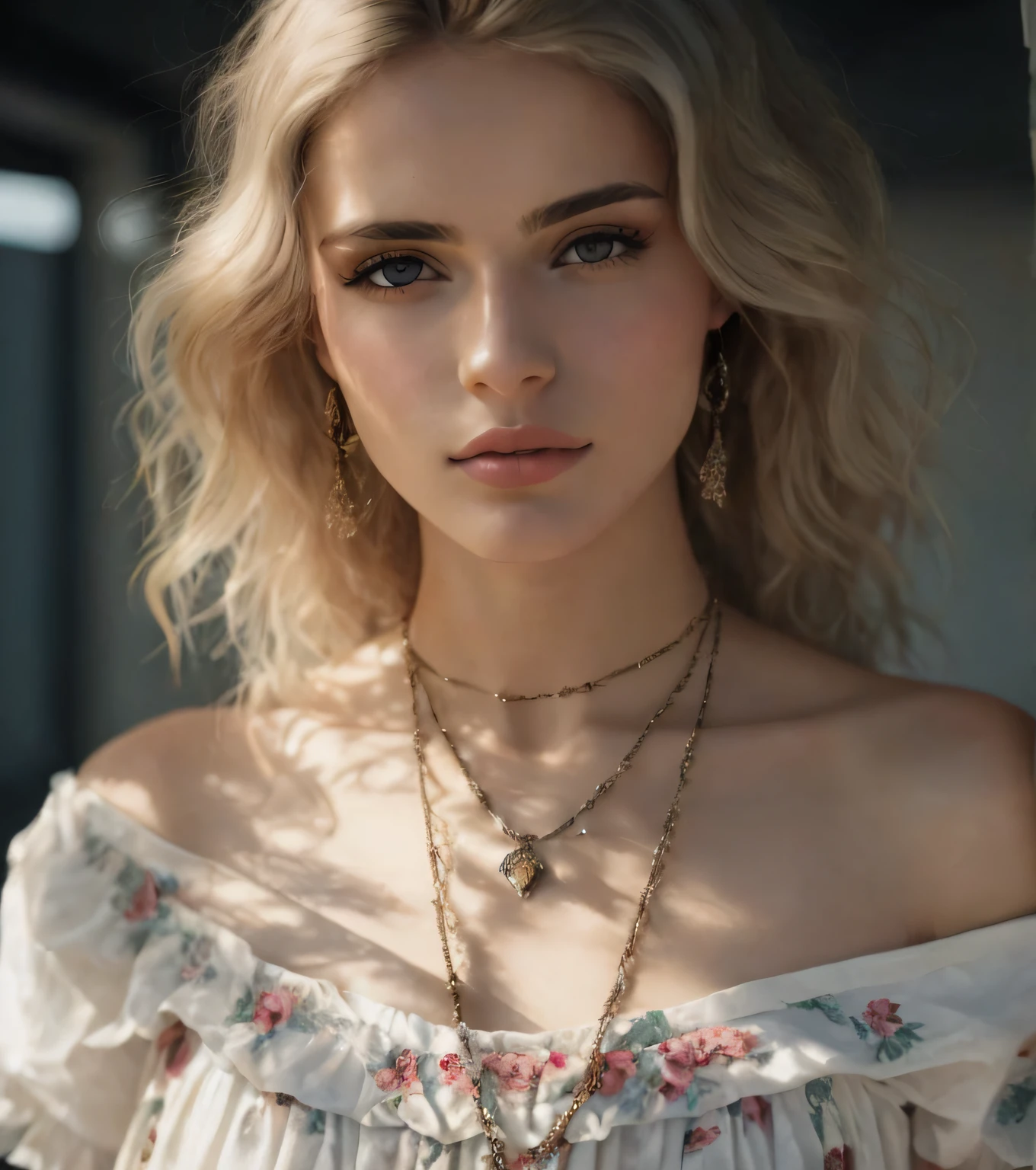 um close up de uma mulher usando um vestido e colar, modelo editorial, modelo muito bonito, Directed by: Emma Andijewska, Yelena Belova, fotografia editorial, modelo bonito, retrato editorial, mulher bonita jovem, mulher jovem muito bonita, monia merlo, lindo modelo jovem, linda senhora, Fotografia Editorial, uma  com cabelo loiro, Uma bela jovem mulher