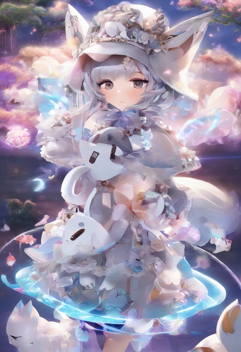 Florist clerk、Pop Mart Blind Box IP、Close up of cute white robe doll、Young One Angel Style、Wear longer, Dress fluently、Lop style、Poseline doll、Little people々々々々々々々々々々々々々々々々々々々々々々々々々々々々々。unreal enginee 5、Light 3D/C4D production: 8K HD quality/illuminating/Ultra-fine lens description 1.5、flawless、Chibi Background/Cinematic。Tuna bowl、macadamia、(((7Foxes get along well)))