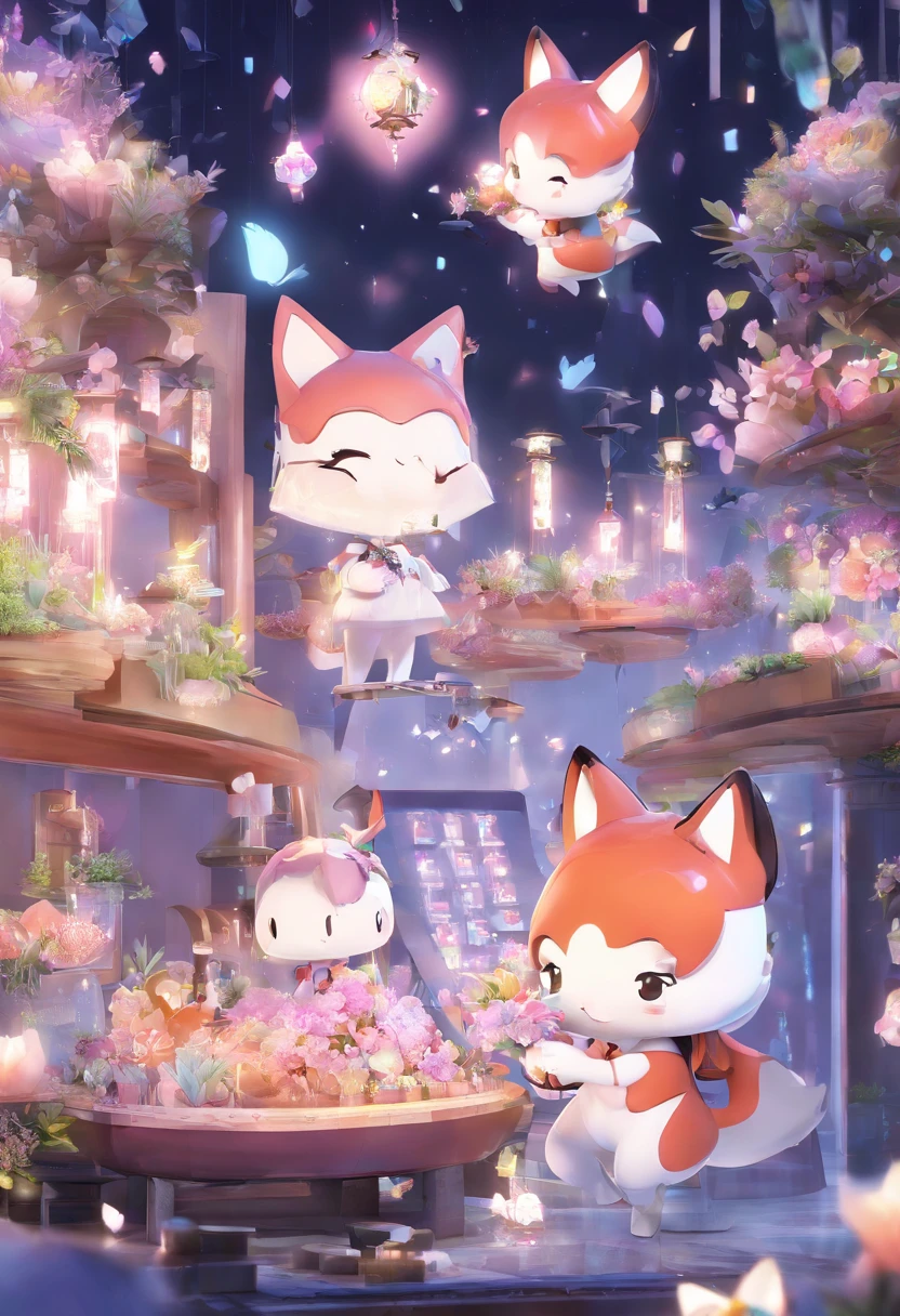 Florist clerk、Pop Mart Blind Box IP、Close up of cute white robe doll、Young One Angel Style、Wear longer, Dress fluently、Lop style、Poseline doll、Little people々々々々々々々々々々々々々々々々々々々々々々々々々々々々々。unreal enginee 5、Light 3D/C4D production: 8K HD quality/illuminating/Ultra-fine lens description 1.5、flawless、Chibi Background/Cinematic。Tuna bowl、macadamia、(((7Foxes get along well)))
