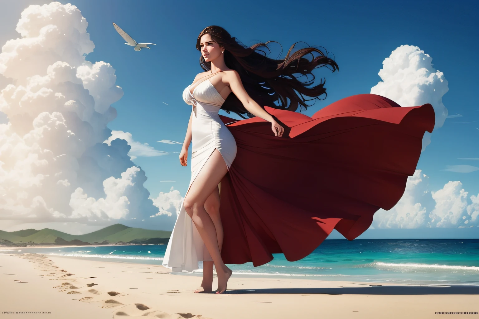 lushill style, Paint a picture of a lovely white woman standing on the beach of a beautiful Caribbean sea / her long red dress is blowing in the wind watching a cloud pass by in the distance by studio Ghibli, Beautiful face/ by artgerm, by wlop, by greg rutkowski, volumetric lighting, 4 k resolution, trending on artstation, masterpiece / beautiful face