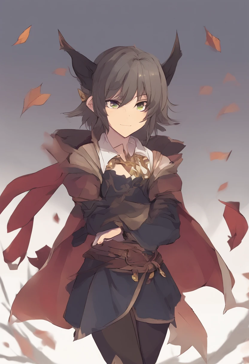 1girl,Personaje de anime con capa gris y un atuendo negro, fondo amarillo, Fanart de alta calidad, wry smirk, como un cazador de monstruos rudo, fanart detallado, pelo corto, pelo negro, touching his head, head pats, aventura, Ciudad medieval, sonrojada, de frente