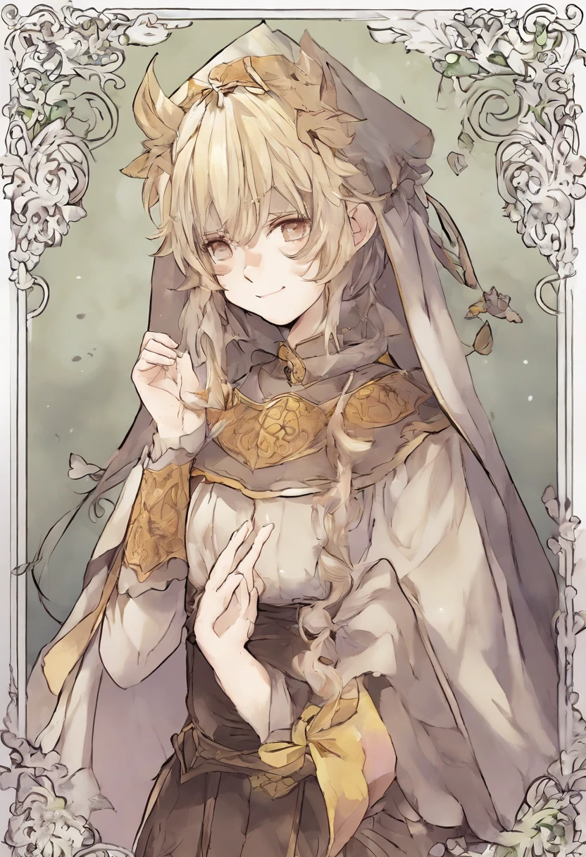 1girl,Personaje de anime con capa gris y un atuendo ?????, fondo amarillo, Fanart de alta calidad, wry smirk, como un cazador de monstruos rudo, fanart detallado, pelo corto, pelo negro, touching his head, head pats, aventura, Ciudad medieval, sonrojada, de frente