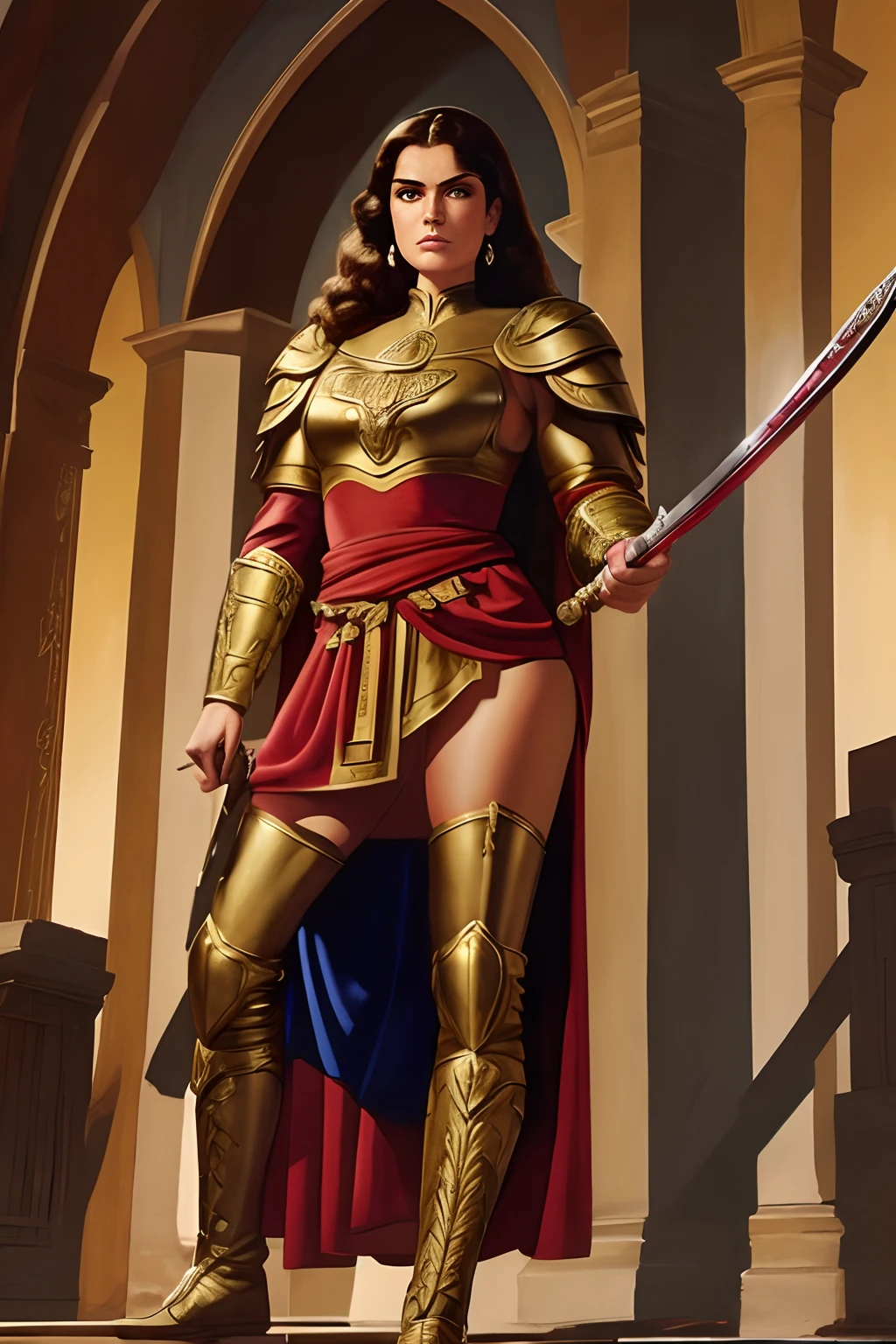 Arte inspirada John Buscema, arte vintage de um homem romano de antes de cristo, cabelos curtos, castanhos, olhos negros, corpo delgado, ombros largos, Wearing a traditional armor from the Roman Empire, Captain of the First Battalion, arrogante, audacioso, standing on her feet, Holding a small-bladed sword, corpo inteiro na fronte de guerra