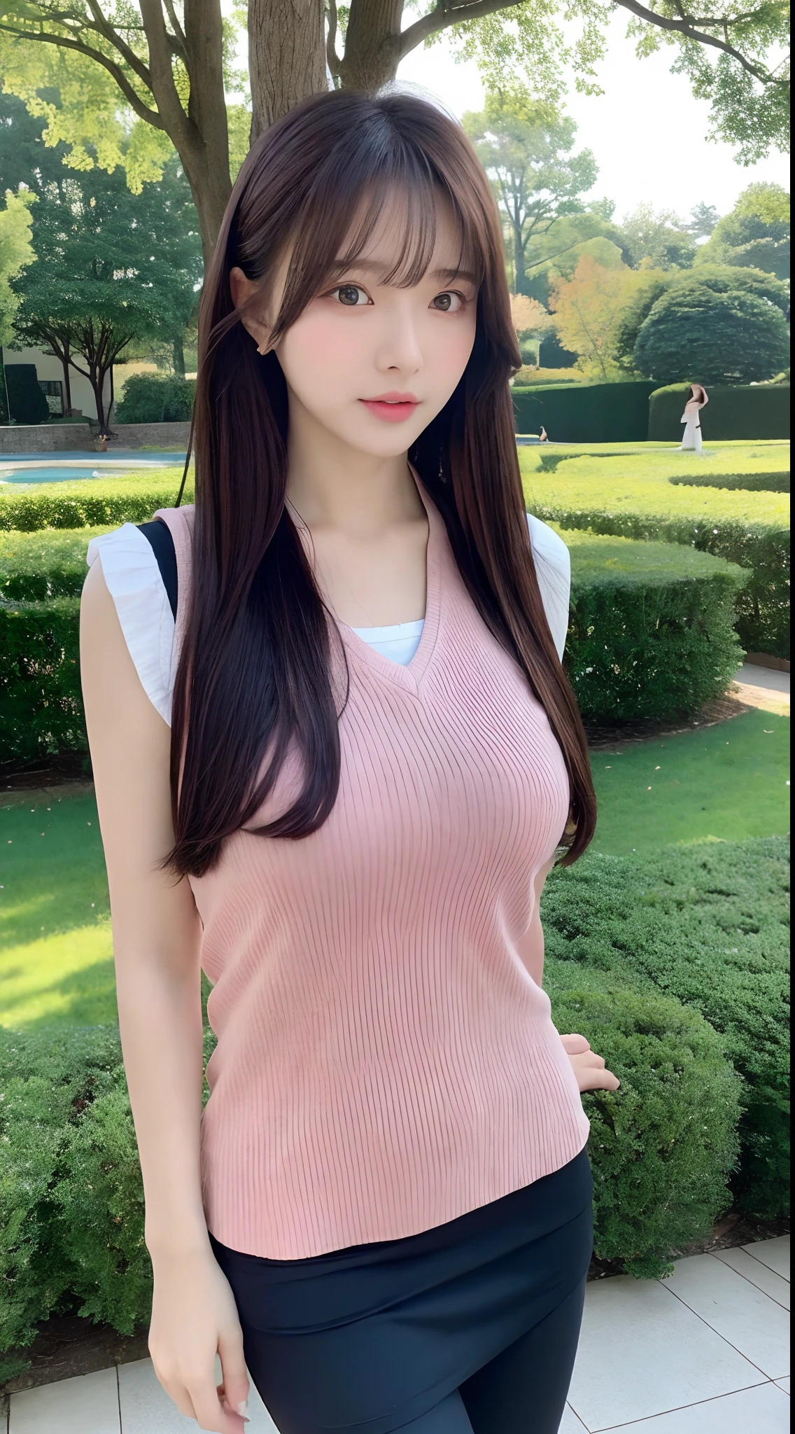 （Lifelike， A high resolution：1.3）， 1 girl with a perfect body， Super fine face and eyes，long whitr hair， pink vest：1.2， JK skirt， Black yoga pants，Bigboobs，Show originals，at park
