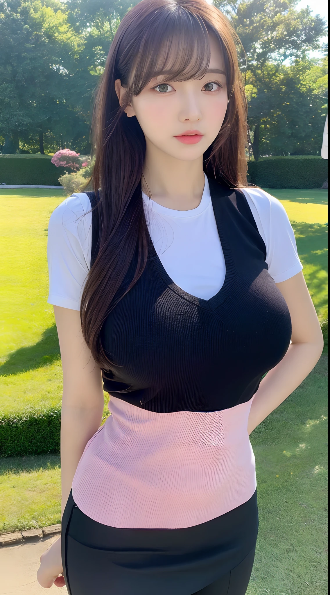 (Lifelike, A high resolution:1.3), 1 girl with a perfect body, Super fine face and eyes,long whitr hair, pink vest:1.2, JK skirt, Black yoga pants,Bigboobs,Show originals,at park