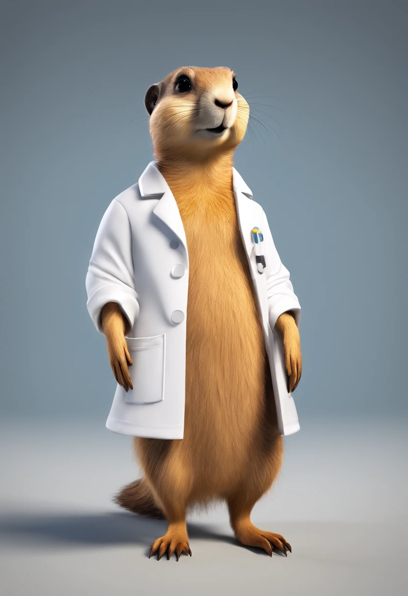 Prairie dog in lab coat stands in doctor's office,prairie dog,looking in camera,White lab coat,Vista distante,Animais,illustration , Dog with opules , inteligente