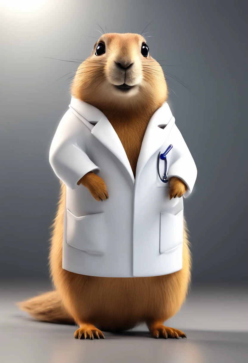 Prairie dog in lab coat stands in doctor's office，prairie dog，looking in camera，White lab coat，Vista distante，Animais，illustration , Dog with opules , inteligente
