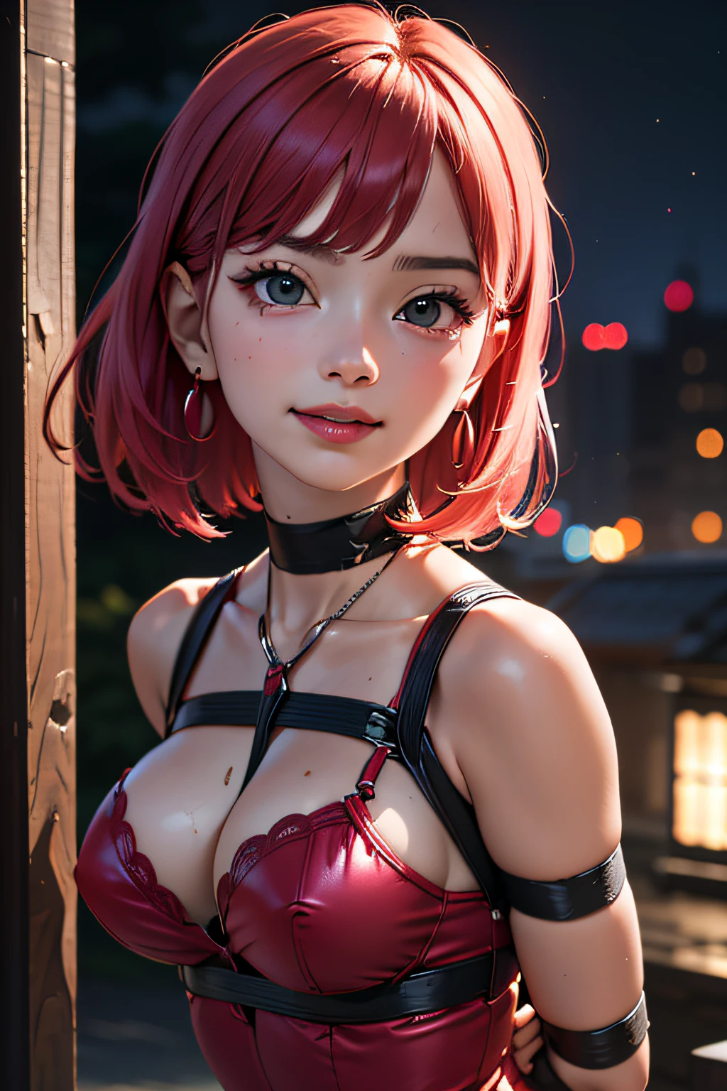 8K, Masterpiece, RAW photo, Best quality, detail:1.2),Photorealistic, Extremely detailed Cg Unity 8K wallpaper, Depth of field, Cinematic light, Lens flare, Ray tracing, (Extremely beautiful face, Beautiful lips, Beautiful eyes), intricate detail face, ((ultra detailed skin)) 1girll, front view, In the dark, deepshadow, Pretty Korean girl, Kpop idol, (arms behind back bound, arms bent, shibari, bondage, rope, bondage breasts), (Very slim and slender muscular body:1.3), ((view the viewer)),(Big smile), (bodycon minidress),(Pink dress), (Injection sleeve) , (City Night, (neon lights sign), (Night), Pretty Korean girl, Earrings, bangle, necklace, Pantyhose, Clear eyes, Walking , (Pale skin), Face forward, (Big eyes), ((upperbody shots)), tightly dress, Silk dress , Turn Back, Back shot, Very slim, slander