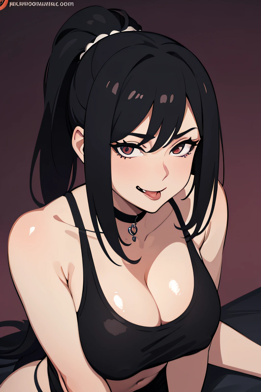 milf, mature woman, Woman on her knees, black tanktop, tongue out, perky tits, ahegao, drooling, ponytail, nsfw, natural breast, upper body, simple smile, in the dark