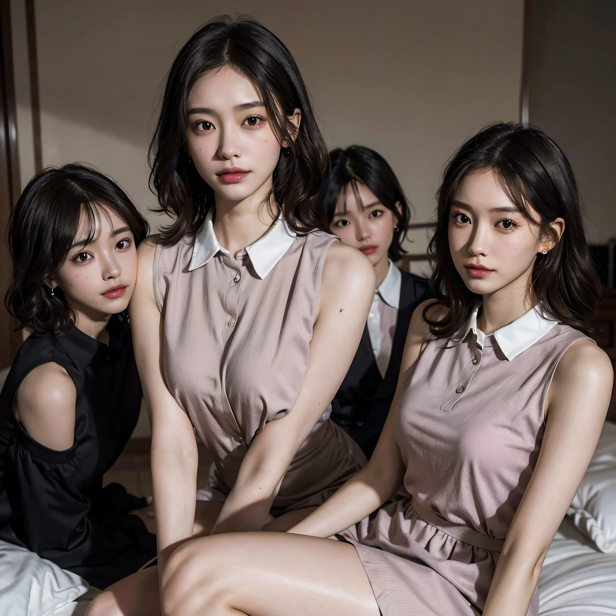 absurdres, RAW photo, extremely delicate and beautiful, masterpiece, Best Quality, ultra high resolution, 16k, hyperrealistic, ultra-detailed, Very detailed CG 8k wallpaper, Beautiful Lighting, Perfect Lightning, Realistic Shadows, perfect anatomy, super Detailed skin, perfect figure, Japanese woman, in her 20s, very Slim body, narrow waist, very small head, handsome detailed woman, very detailed eyes and face, realistic face proportions, Stunning detailed eyes, Realistic beautiful face, very small face, Realistic small beautiful eyes, double eyelids, makeup, tearful mole, mole on chest, earring, bare legs, beautiful and very thin legs, beautiful and very thin thighs, (very huge round breasts:1.3), (full body shot), short hair, wavy hair, sweat, (3 girls:1.5), (collared shirt dress:1.3), (sleeveless, bare arms, bare legs, tight-fitting), at bed,