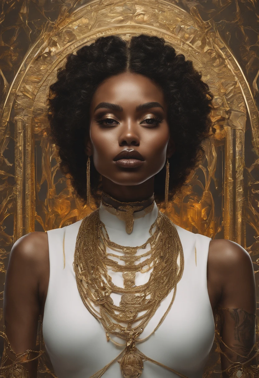 Ghotic woman afro cut with big bare breasts and piercing on the of gold chains castle